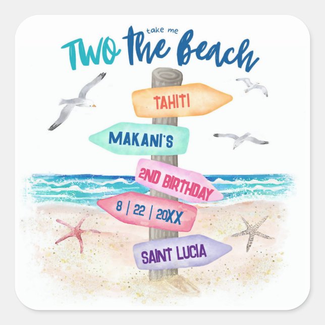 Two The Beach | Kids 2nd Birthday Square Sticker (Front)