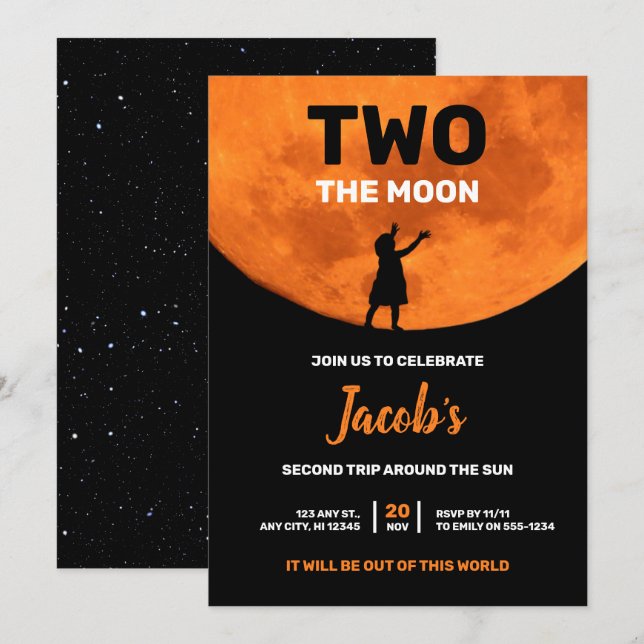 TWO the Moon 2nd birthday Aesthetic Space Theme  Invitation (Front/Back)
