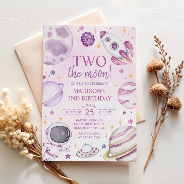 Two The Moon 2nd Birthday Girl Space Invitation (Creator Uploaded)