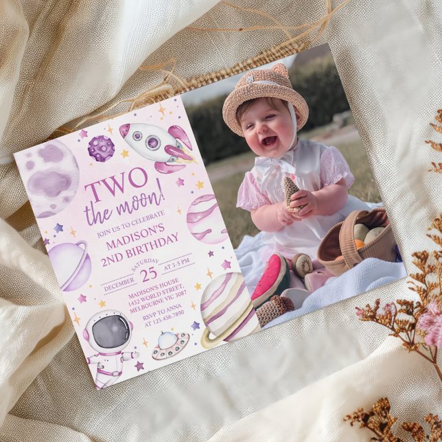 Two The Moon 2nd Birthday Girl Space Photo Invitation (Creator Uploaded)