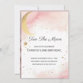 Two The Moon: 2nd Birthday Invitation Pink, Gold