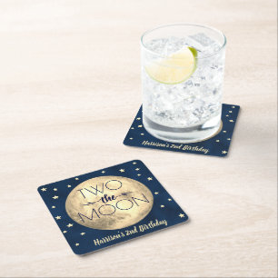 Two The Moon 2nd Birthday Party Square Paper Coaster