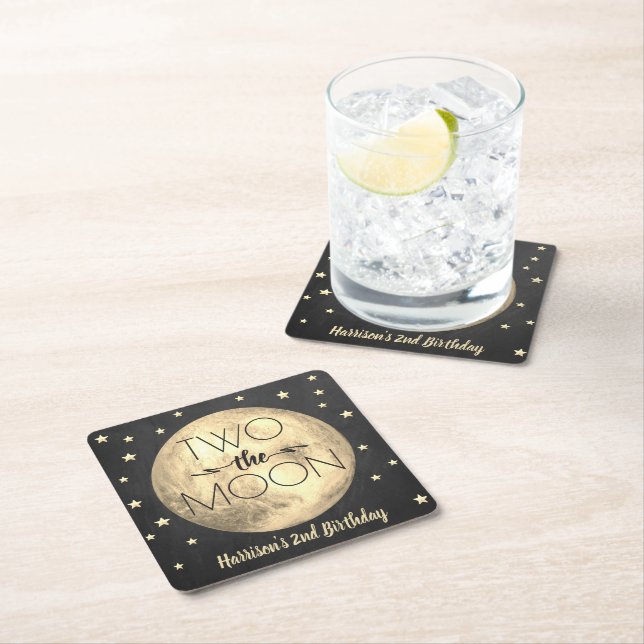 Two The Moon 2nd Birthday Party Square Paper Coaster (Insitu)