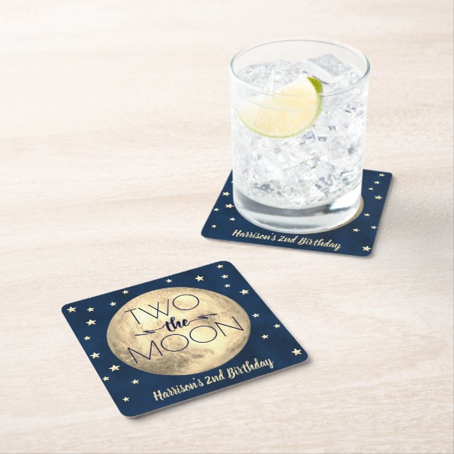 Two The Moon 2nd Birthday Party Square Paper Coaster (Insitu)