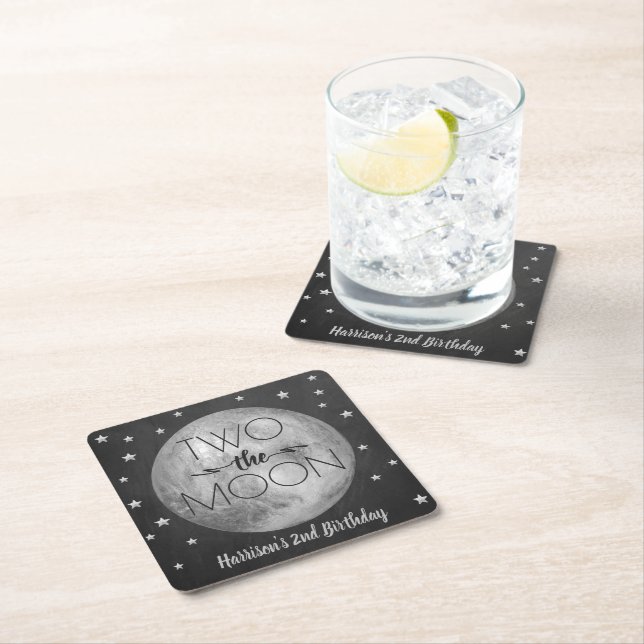 Two The Moon 2nd Birthday Party Square Paper Coaster (Insitu)