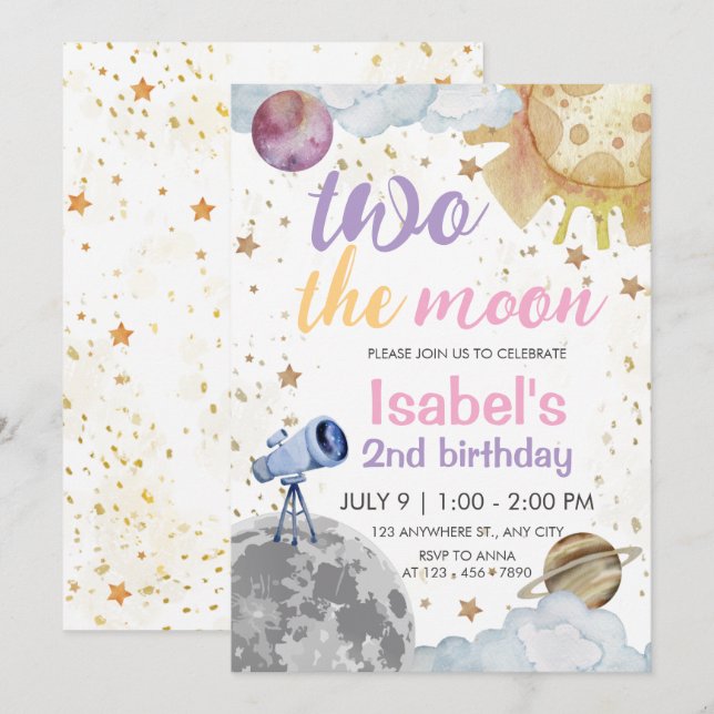 Two the Moon 2nd Birthday Space Theme Birthday Invitation (Front/Back)