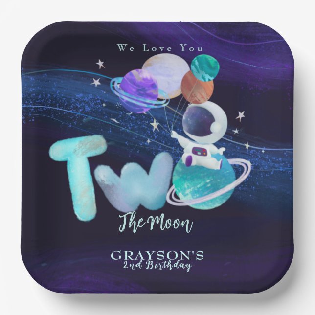 Two the moon Astronaut 2nd Birthday Paper Plate (Front)
