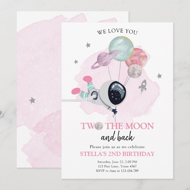 Two The Moon Astronaut Space Girl 2nd Birthday Invitation (Front/Back)