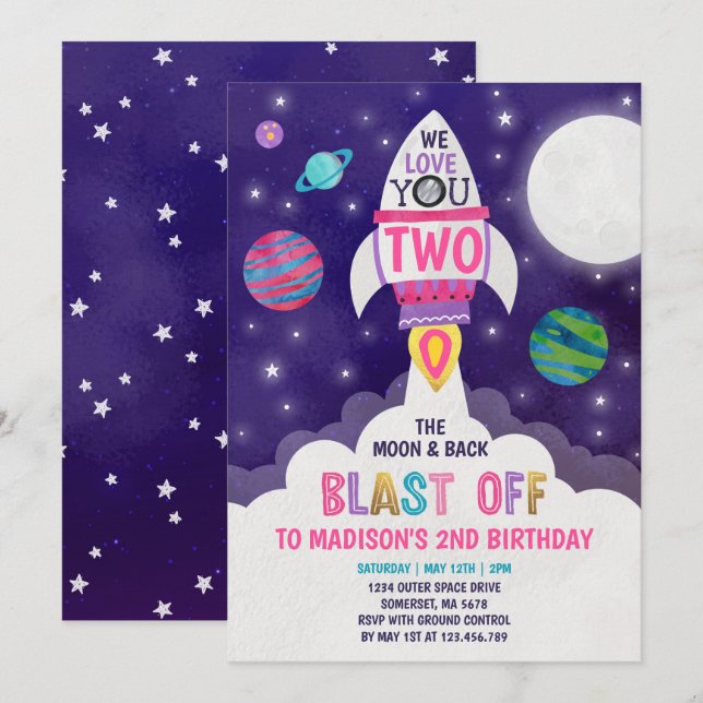 Two The Moon Birthday Invite Loved To Two The Moon (Front/Back)