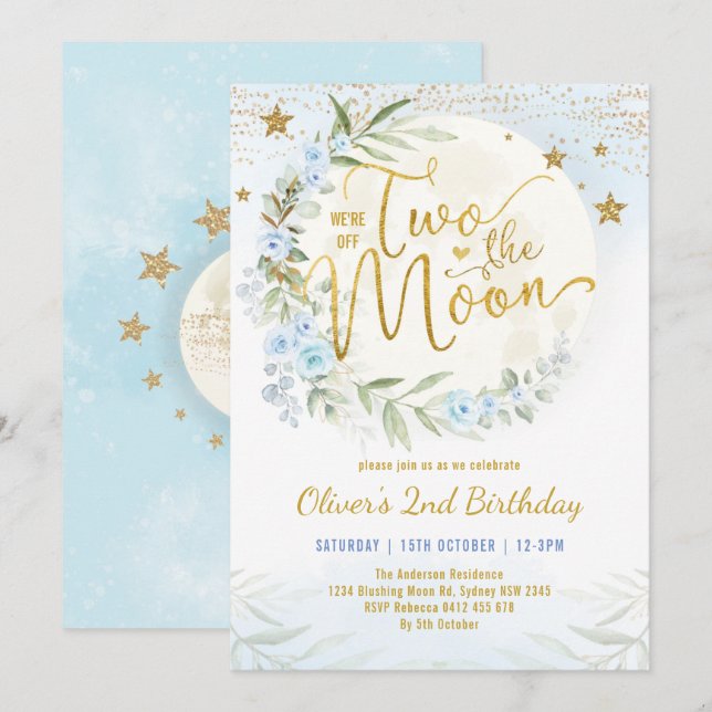 Two the Moon Blue Gold Floral 2nd Birthday Boy Invitation (Front/Back)