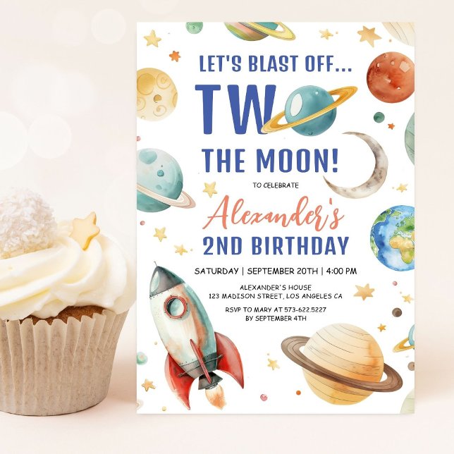 Two The Moon! Boy Galaxy Space 2nd Birthday Party Invitation (Creator Uploaded)