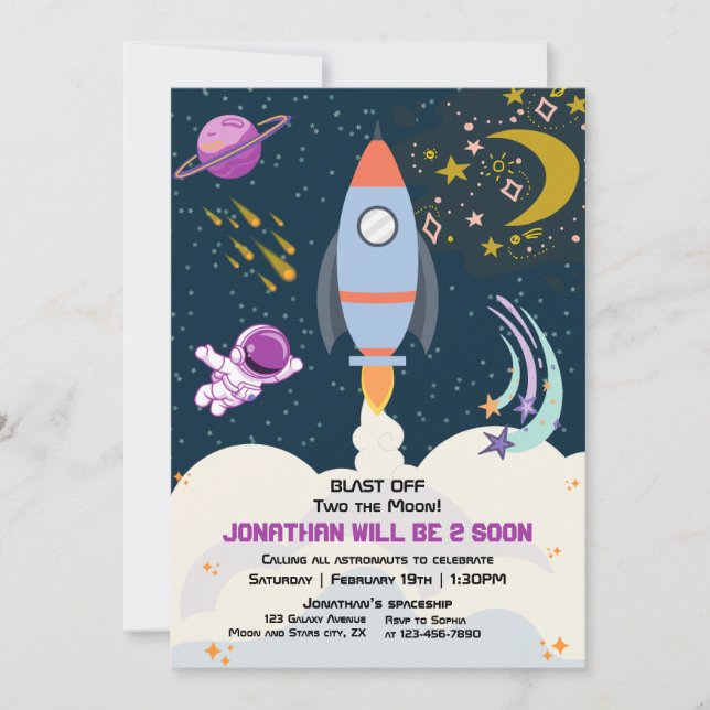 Two The Moon Boy Space Rocket 2nd Birthday  Invitation (Front)