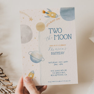 Two the Moon Boy Space Rocket 2nd Birthday Invitation