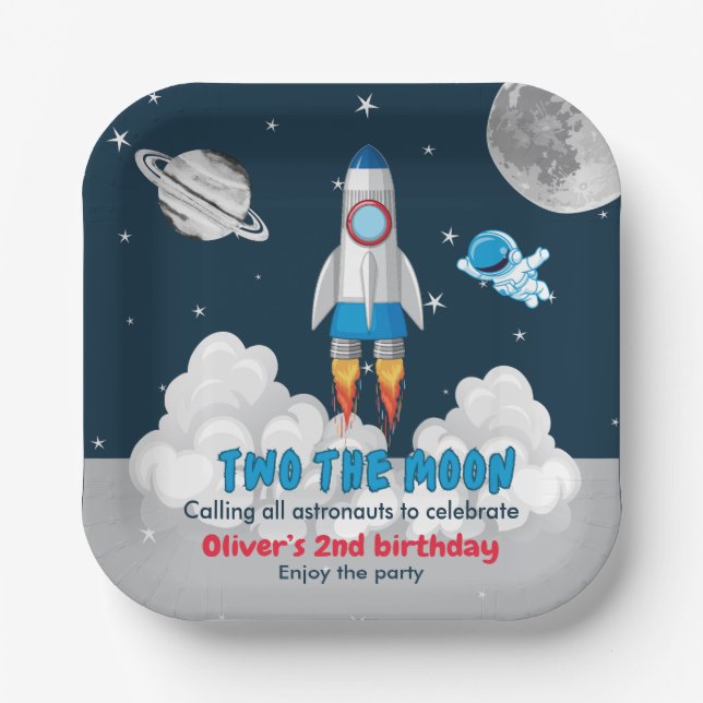 Two The Moon Boy Space Rocket 2nd Birthday  Paper Plate (Front)
