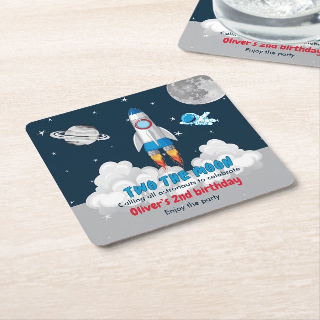 Two The Moon Boy Space Rocket 2nd Birthday  Square Paper Coaster (Angled)