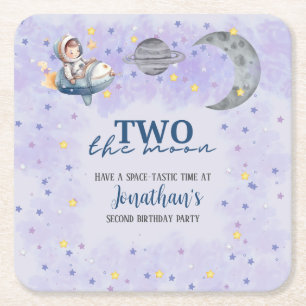 Two The Moon Boy Space Rocket 2nd Birthday Square Paper Coaster