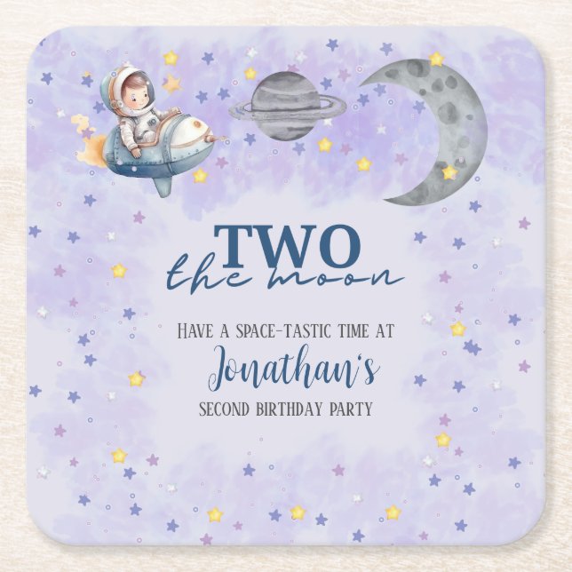 Two The Moon Boy Space Rocket 2nd Birthday  Square Paper Coaster (Front)