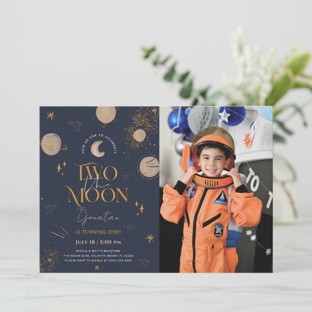 Two The Moon Galaxy Birthday Photo Invitation (Standing Front)