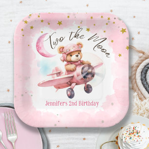 TWO the Moon   Girl Pink 2nd Birthday Paper Plate