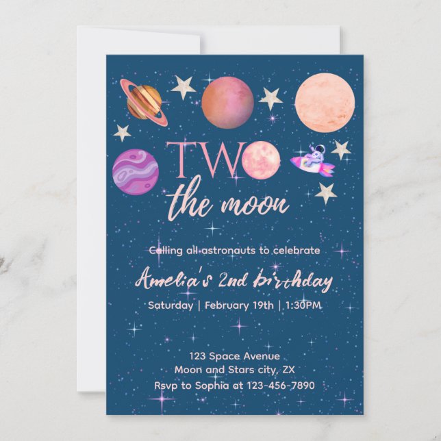Two The Moon Girl Space Pink Planets 2nd Bday Invitation (Front)