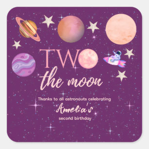 Two The Moon Girl Space Pink Planets 2nd Bday Square Sticker