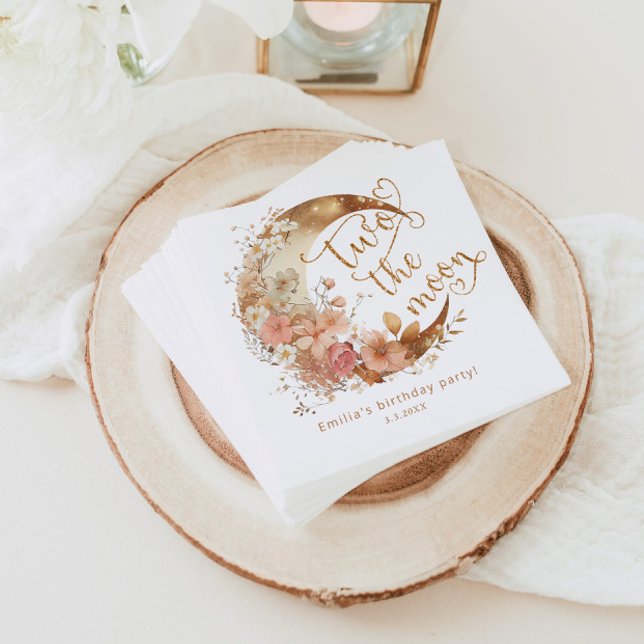 Two the moon gold pink girl 2nd birthday party napkin (Creator Uploaded)
