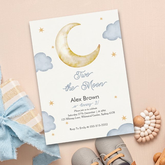 Two the moon Modern Night sky 2nd birthday boy Invitation (Creator Uploaded)