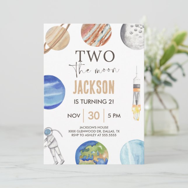 Two The Moon | Modern Space 2nd Birthday Décor Invitation (Standing Front)