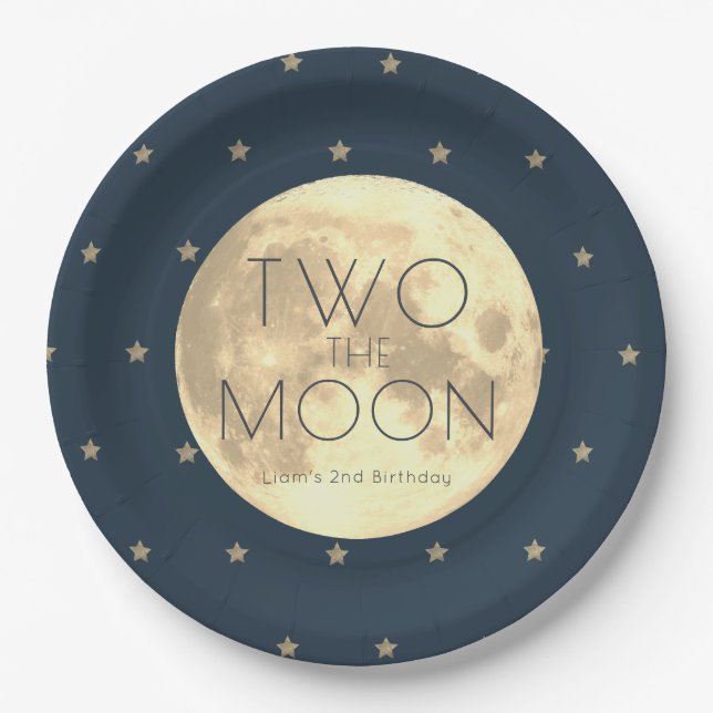Two the Moon Navy Blue Boy 2nd Birthday Paper Plate (Front)