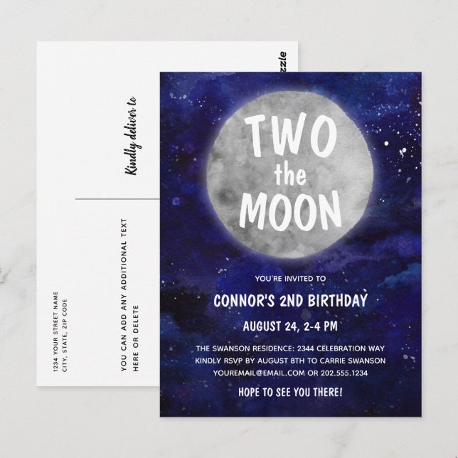 Two the Moon Navy Blue Boy 2nd Birthday Party Postcard (Front/Back)