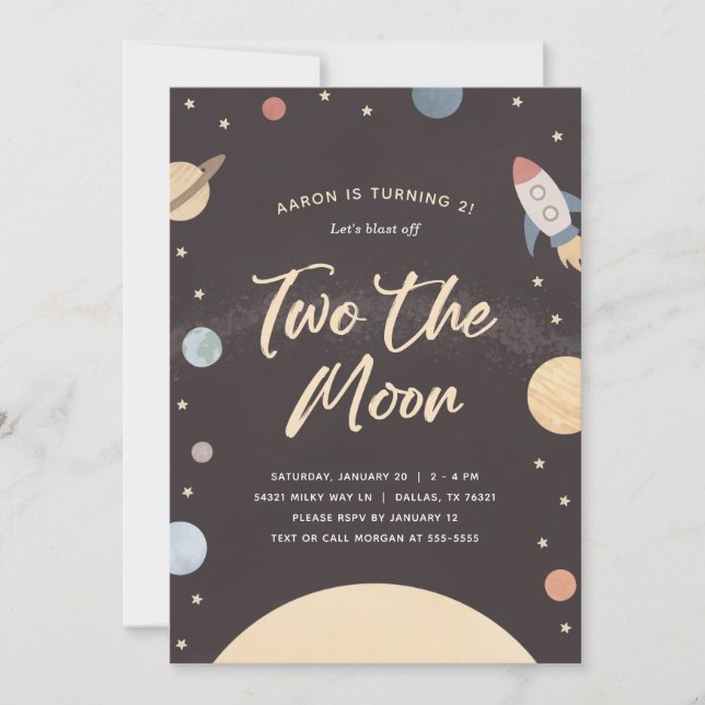 Two the Moon Outer Space 2nd Birthday Party Invitation (Front)