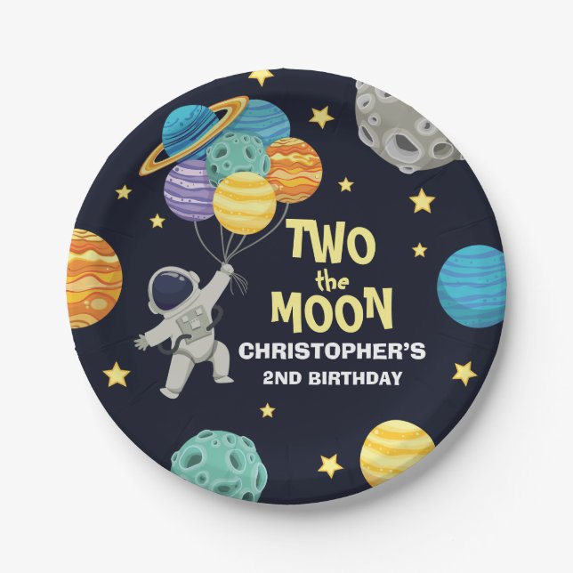 Two the moon Outer Space Blue 2nd Birthday Paper Plate (Front)