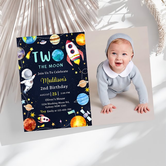 Two The Moon Outer Space Blue 2nd Birthday Party  Invitation (Creator Uploaded)