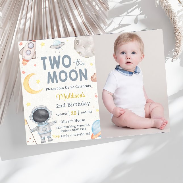 Two The Moon Outer Space Blue 2nd Birthday Party Invitation (Creator Uploaded)