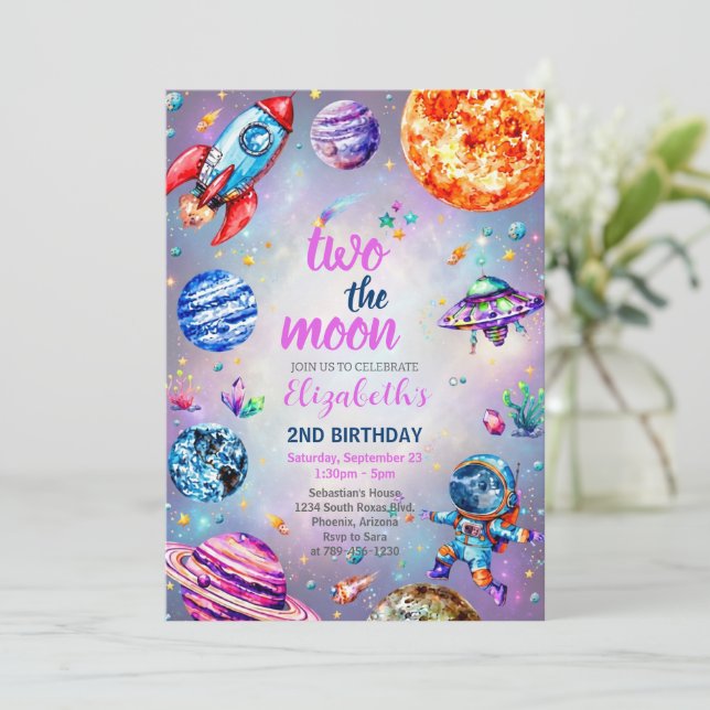 Two The Moon Outer Space Blue 2nd Birthday Party Invitation (Standing Front)