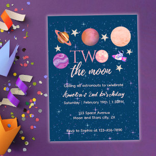 Two The Moon  Outer Space Ship Planets 2nd Bday Invitation