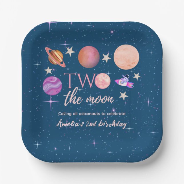 Two The Moon  Outer Space Ship Planets 2nd Bday Paper Plate (Front)