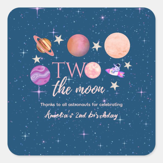 Two The Moon  Outer Space Ship Planets 2nd Bday Square Sticker (Front)