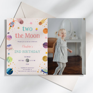 Two the Moon Pastel Outerspace Photo 2nd Birthday Invitation