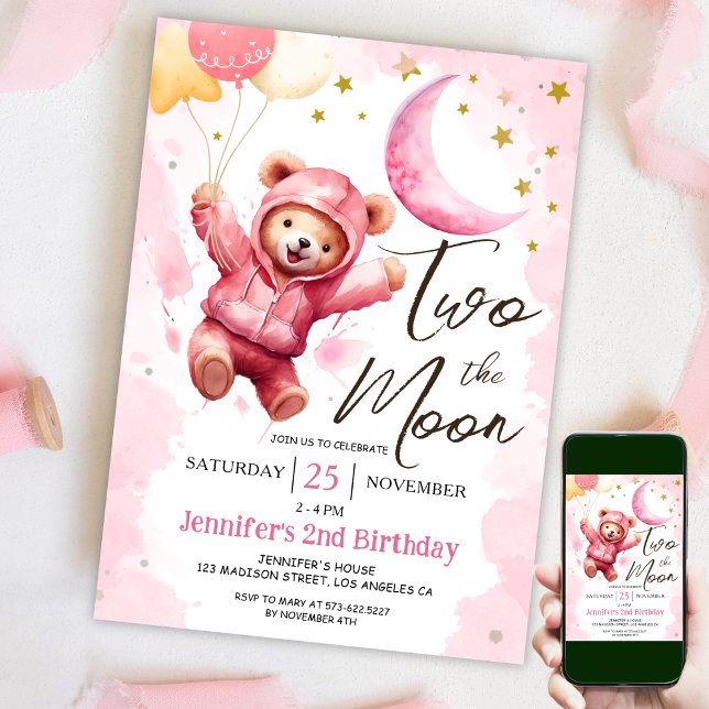 TWO the Moon | Pink Girl 2nd Birthday  Invitation (Creator Uploaded)