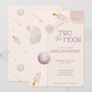 Two the Moon Pink Girl Planets Stars 2nd Birthday Invitation