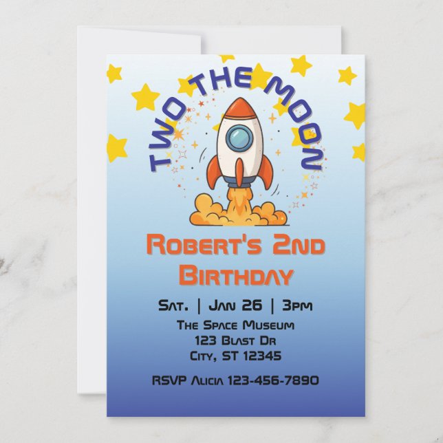 Two The Moon, Rocket 2nd Birthday Invitation (Devant)