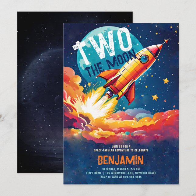 Two the Moon Rocket Planets Stars Boy 2nd Birthday Invitation (Front/Back)