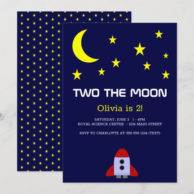 Two The Moon Rocket Ship 2nd Birthday Invitation (Front/Back)