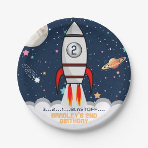Two the Moon Rocket Ship 2nd Birthday Paper Plate