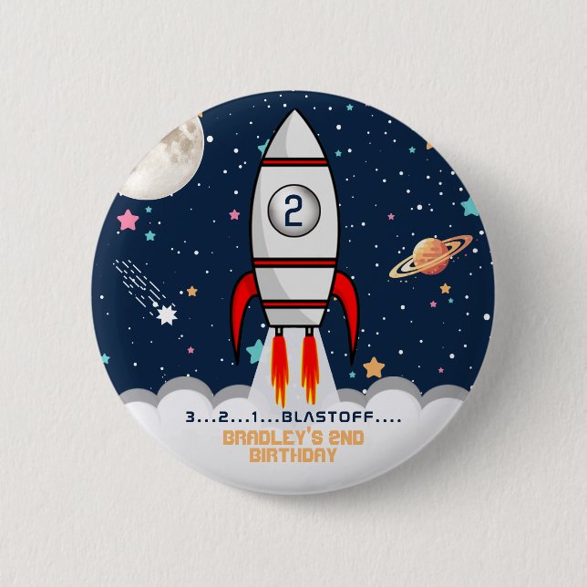 Two the Moon Rocket Ship 2nd Birthday Party Button (Front)