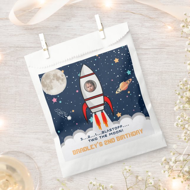 Two the Moon Rocket Ship 2nd Birthday Party Photo Favour Bag (Clipped)