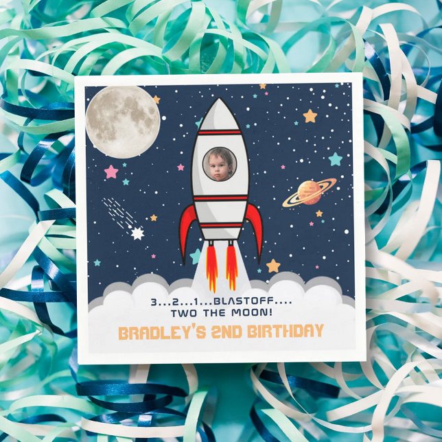 Two the Moon Rocket Ship 2nd Birthday Photo Napkin (Creator Uploaded)