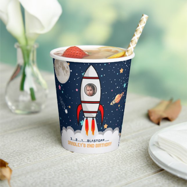 Two the Moon Rocket Ship 2nd Birthday Photo Paper Cups (Insitu)