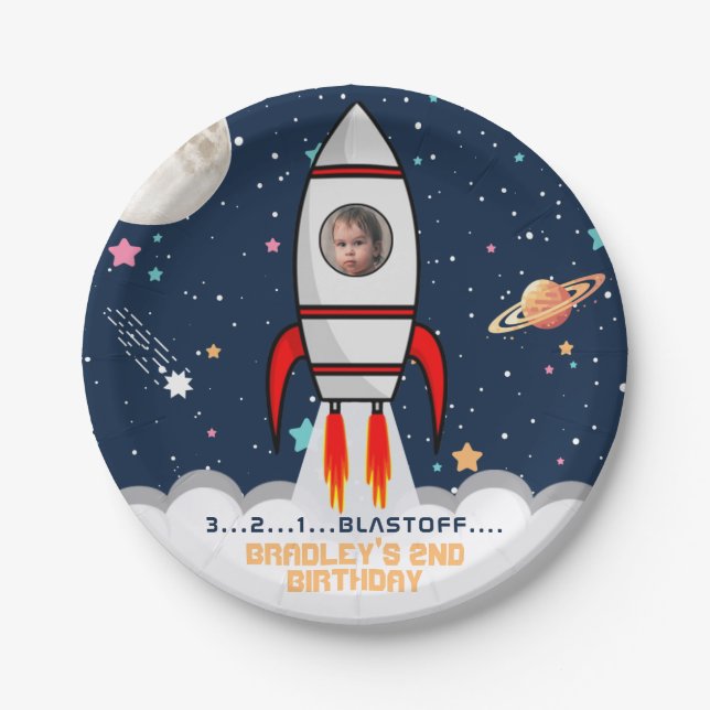 Two the Moon Rocket Ship 2nd Birthday Photo Paper Plate (Front)